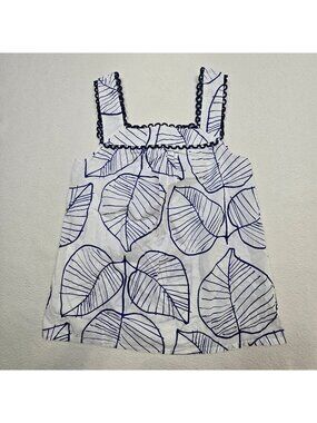 Boden Womens  4 Small Sleeveless Cotton Swing Tank Top White & Navy Leaf Pattern